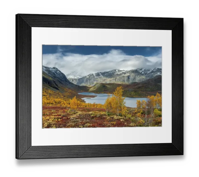 Framed Print : Wide valley with lake, snow-covered mountains and fells with colourful vegetation in autumn