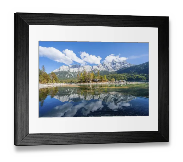 Framed Print : Zugspitze massif and Zugspitze reflected in Eibsee lake Framed Print : Zugspitze massif and Zugspitze reflected in Eibsee lake