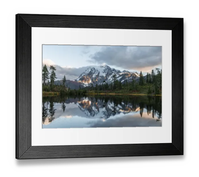 Framed Print : Sunset, Mt. Shuksan glacier with snow reflected in Picture Lake