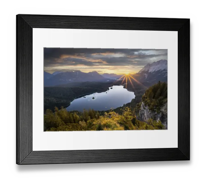 Framed Print : Eibsee lake at sunrise, sun shining over Bavarian alpine foothills Framed Print : Eibsee lake at sunrise, sun shining over Bavarian alpine foothills