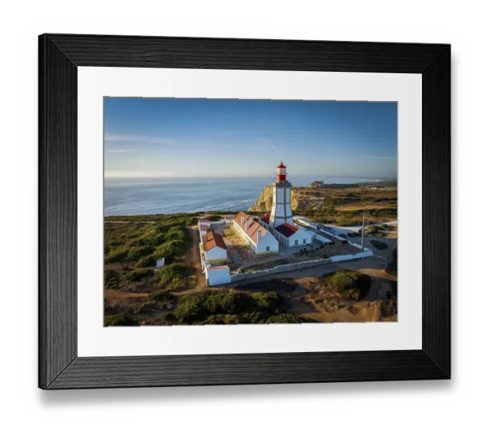 Framed Print : Aerial drone view of lighthouse on Cabo Espichel cape Espichel on Atlantic ocean