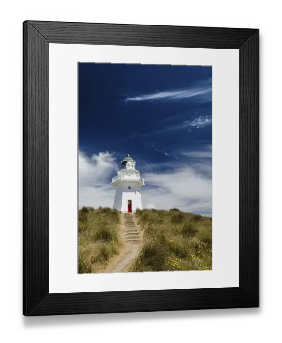 Framed Print : Lighthouse with path and stairs at Waipapa Point