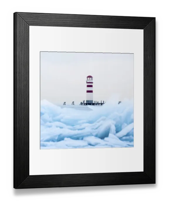 Framed Print : Lighthouse at jetty on the lake in winter