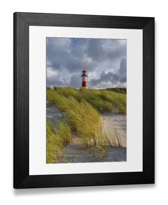 Framed Print : Evening light, red-white lighthouse List-East in the dunes Framed Print : Evening light, red-white lighthouse List-East in the dunes