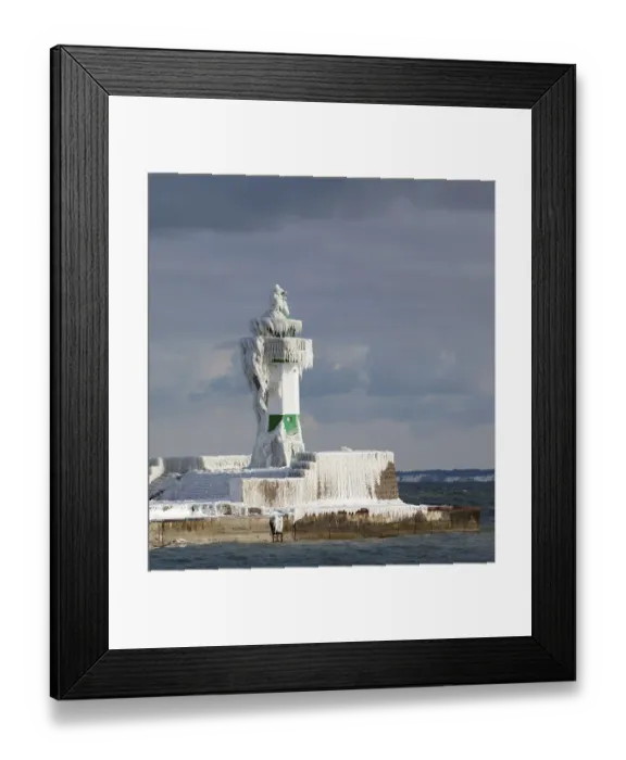 Framed Print : Icy lighthouse in harbour, Baltic Sea