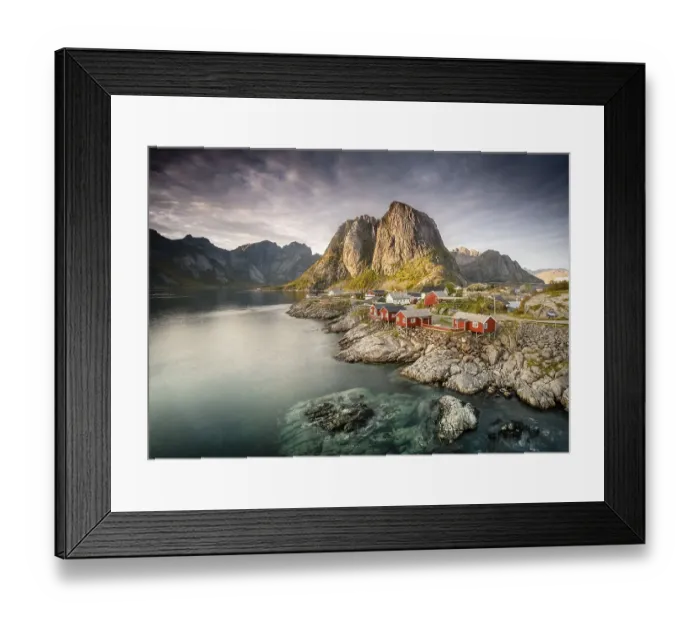 Framed Print : Red wooden houses Rorbu, Rorbu fishermen's cabins