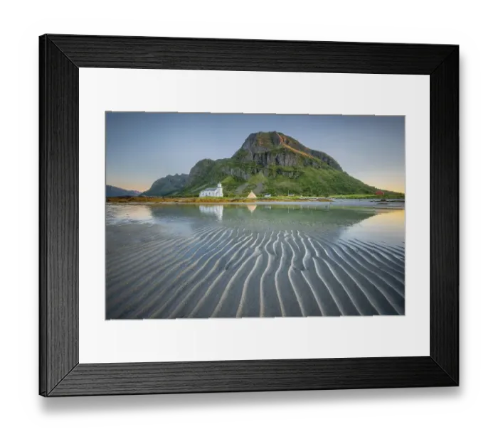 Framed Print : Gimsoy church reflected in the sea at low tide