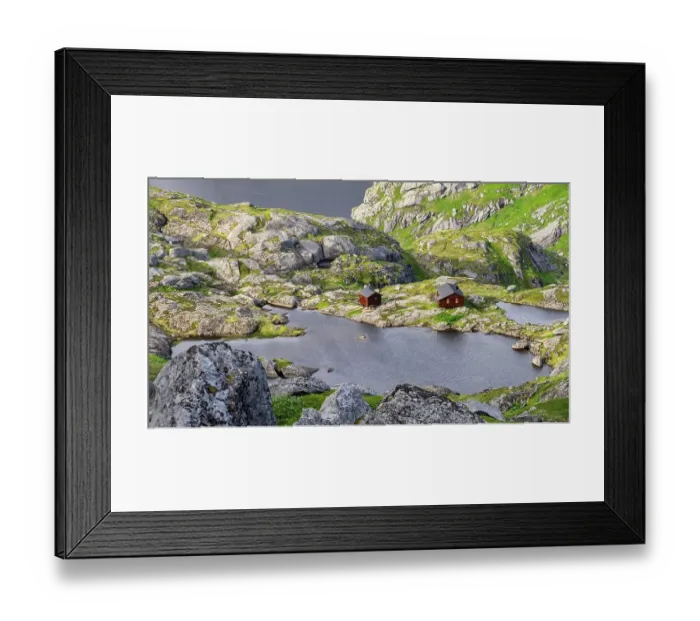 Framed Print : Mountain landscape with Munkebu mountain hut and small lakes