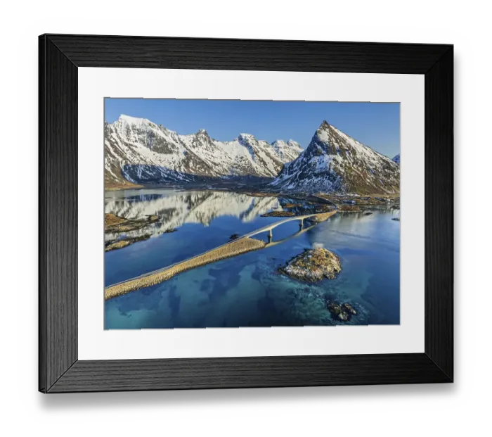 Framed Print : Aerial view of bridge, fjord, steep mountains