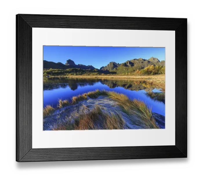 Framed Print : Mountains reflected in lake, morning light