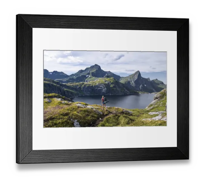 Framed Print : Lake Tennesvatnet, hiker on the way to Munkebu cabin Framed Print : Lake Tennesvatnet, hiker on the way to Munkebu cabin