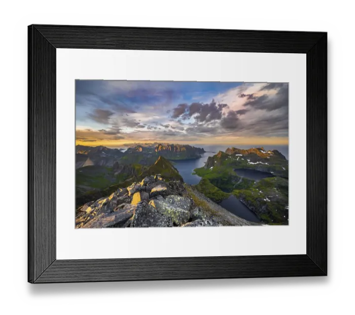 Framed Print : Evening atmosphere, mountain landscape with Reinefjord and lake
