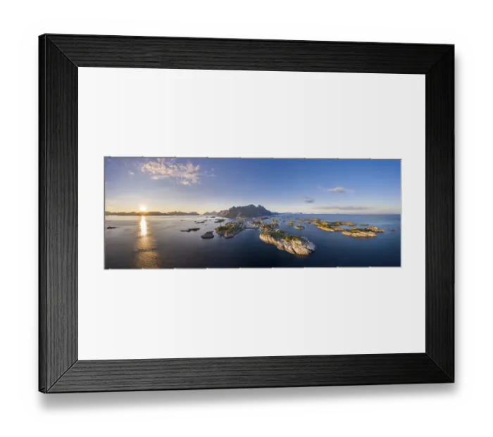 Framed Print : Aerial view, sunset over Henningsvaer with football stadium