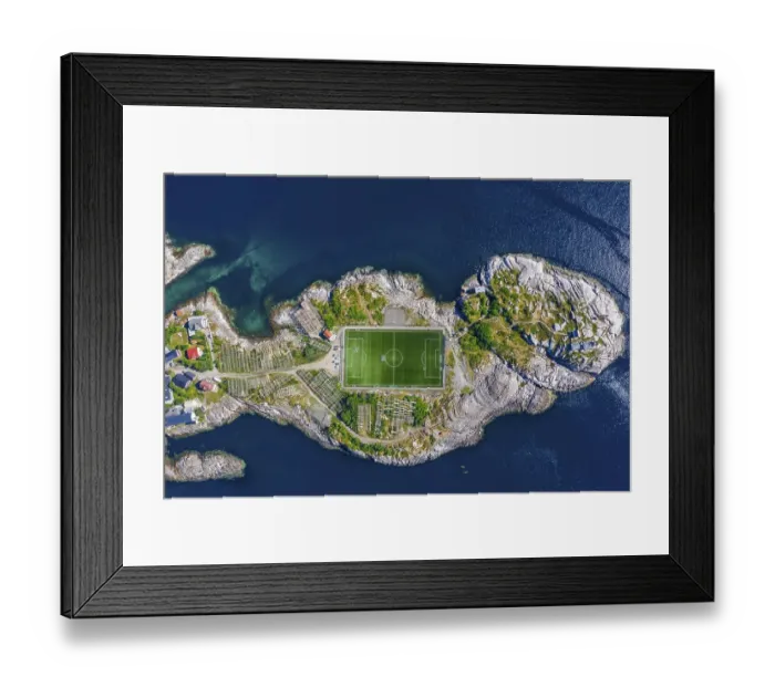 Framed Print : Aerial view, Henningsvaer with football stadium