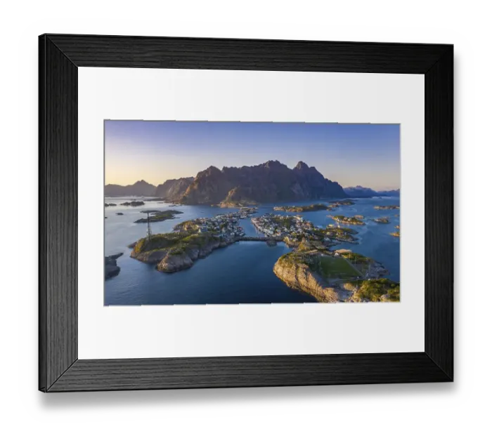 Framed Print : Aerial view, evening sun over Henningsvaer with football stadium