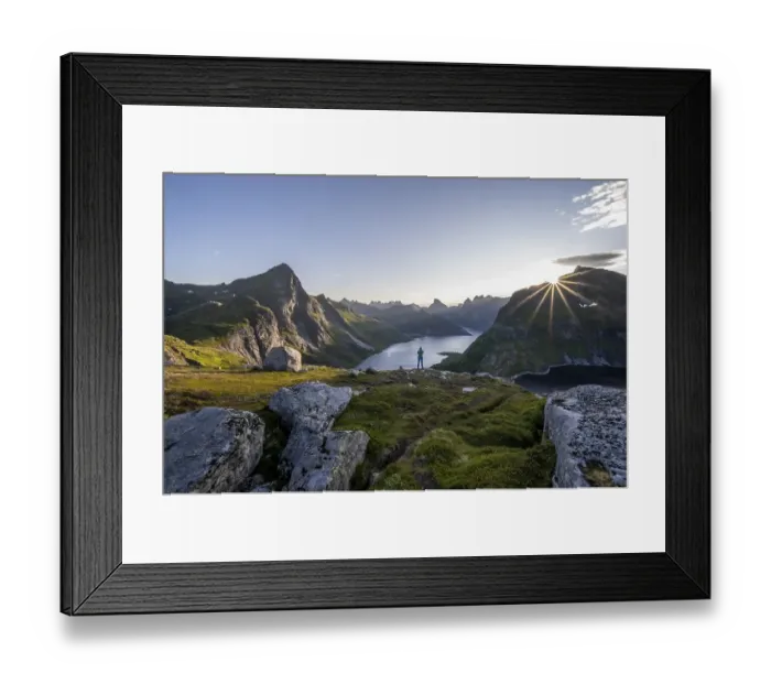 Framed Print : Young woman looking over fjord landscape