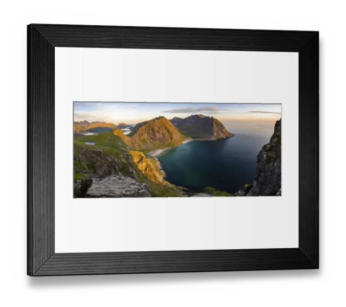 Framed Print : Dusk, view from the summit to Kvalvika beach and sea Framed Print : Dusk, view from the summit to Kvalvika beach and sea