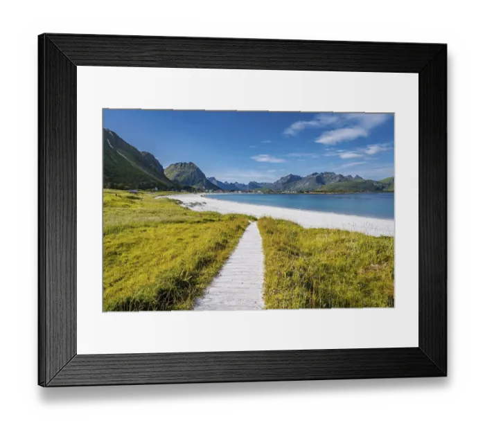 Framed Print : Mountains and sea, Rambergstranda sandy beach Framed Print : Mountains and sea, Rambergstranda sandy beach