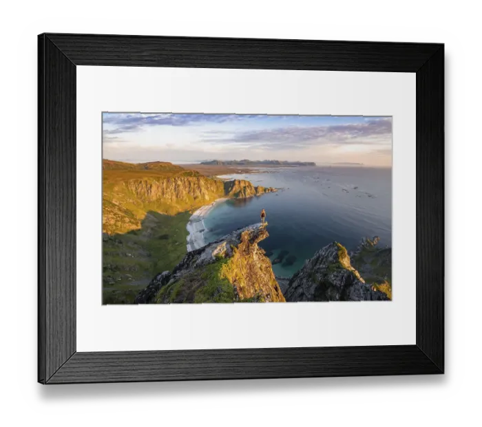 Framed Print : Evening atmosphere, hiker standing on a cliff Framed Print : Evening atmosphere, hiker standing on a cliff