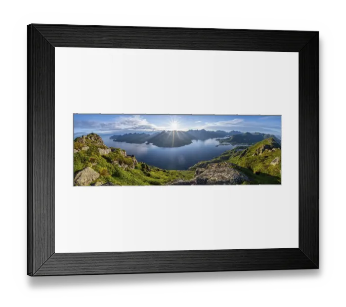 Framed Print : Panorama, sun shining on Fjord Raftsund and mountains