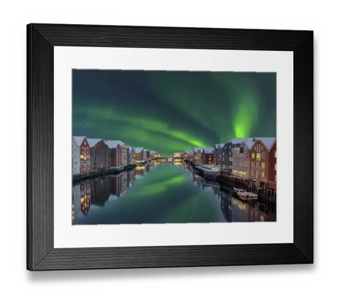 Framed Print : Northern Lights Bakklandet historical warehouses Trondheim Norway Framed Print : Northern Lights Bakklandet historical warehouses Trondheim Norway