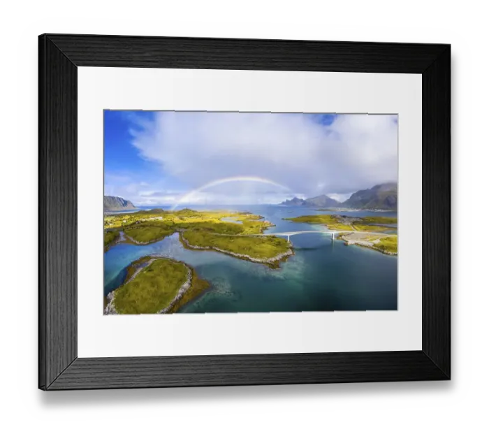 Framed Print : Rainbow over fjord, bridge at Fredvang Framed Print : Rainbow over fjord, bridge at Fredvang