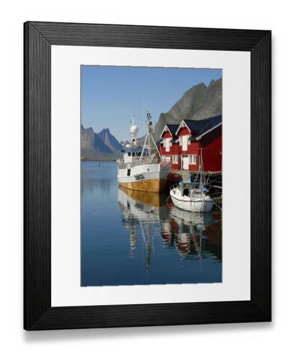 Framed Print : View of boats in the harbour, red wooden rorbu houses Framed Print : View of boats in the harbour, red wooden rorbu houses