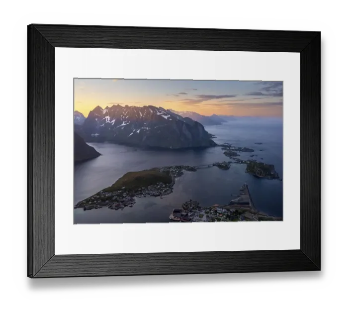 Framed Print : View from Reinebringen mountain to the village of Reine Framed Print : View from Reinebringen mountain to the village of Reine