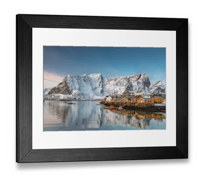 Framed Print : Scandinavian landscape with boathouses at the fjord Framed Print : Scandinavian landscape with boathouses at the fjord