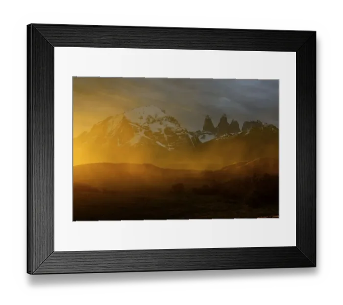 Framed Print : Torres del Paine massif with dust cloud at sunset