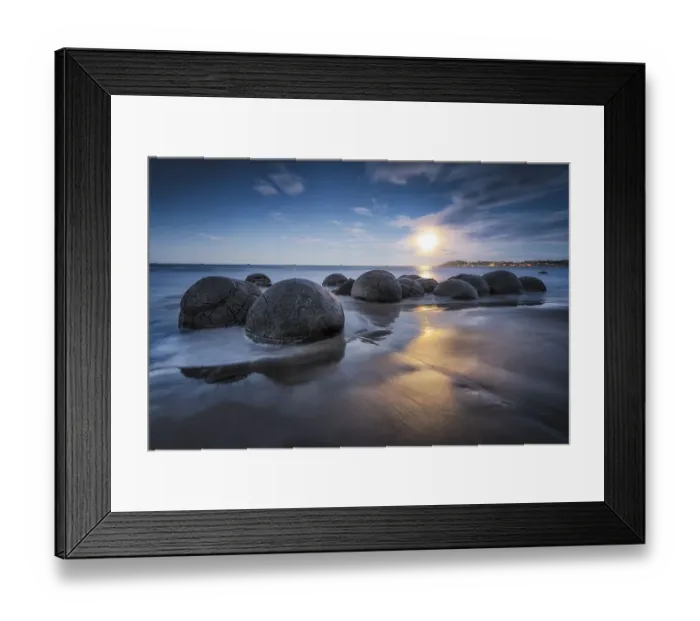 Framed Print : Moeraki Bolders at full moon, round rock balls