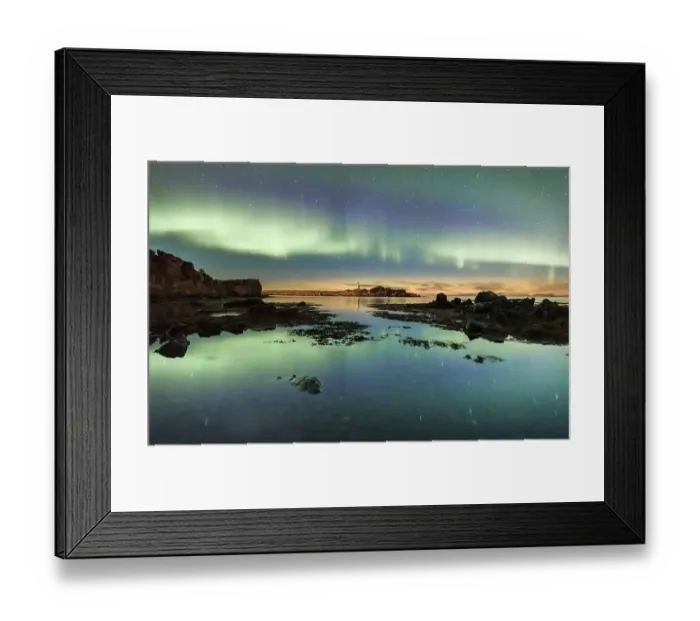 Framed Print : Northern lights over the sea, island with small lighthouse Framed Print : Northern lights over the sea, island with small lighthouse