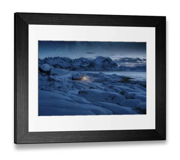 Framed Print : Deep snowy winter landscape by the sea