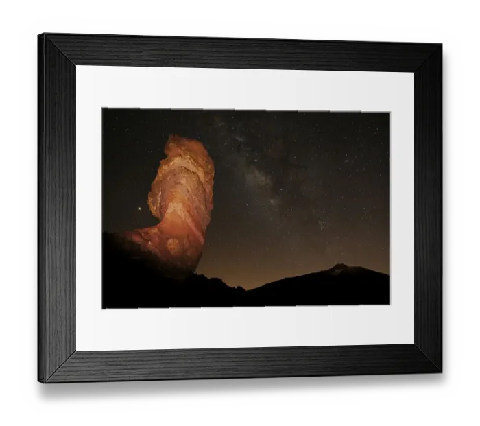 Framed Print : Illuminated Roque Cinchado and Pico del Teide with starry sky