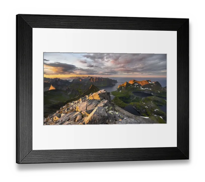 Framed Print : Evening atmosphere, mountain landscape with Reinefjord and lake Framed Print : Evening atmosphere, mountain landscape with Reinefjord and lake