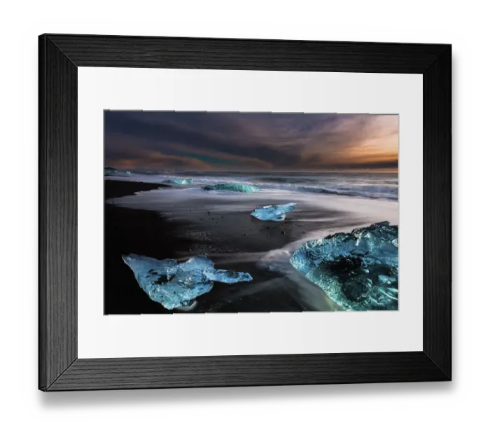 Framed Print : Chunks of ice on black lava sand beach at sunrise Framed Print : Chunks of ice on black lava sand beach at sunrise