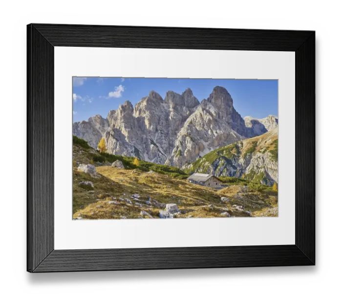 Framed Print : Alpine hut with mountain panorama in autumn