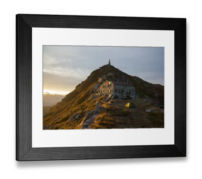 Framed Print : Rifugio Mombarone, with the summit of Mt Mombarone or Colma di Mombarone