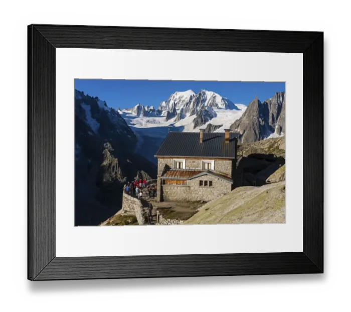 Framed Print : Refuge du Couvercle, Mont Blanc at back