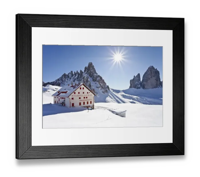 Framed Print : Three Peaks Mountain Hut in front of the Three Peaks and Paternkofel Mountain