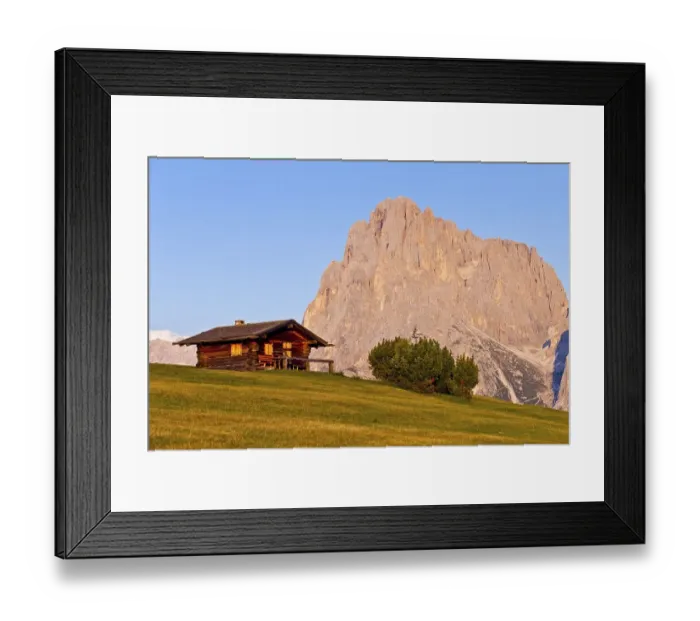 Framed Print : Hut on an alpine pasture, Seiser Alm with Sassolungo Mountain Framed Print : Hut on an alpine pasture, Seiser Alm with Sassolungo Mountain