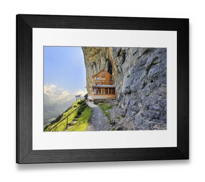 Framed Print : Aescher Mountain Inn at the Wildkirchli caves below Ebenalp Mountain at 1400 meters Framed Print : Aescher Mountain Inn at the Wildkirchli caves below Ebenalp Mountain at 1400 meters