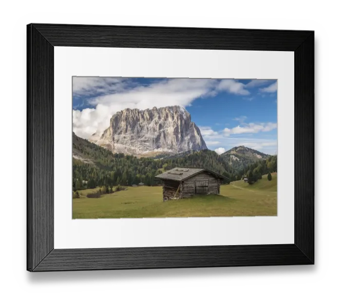 Framed Print : Hut at Groedner Joch, Langkofel at the back