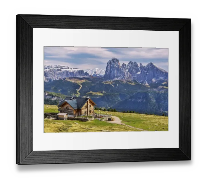 Framed Print : Raschoetzhuette on the Raschoetzalm in front of the Sella Group 3152m Framed Print : Raschoetzhuette on the Raschoetzalm in front of the Sella Group 3152m