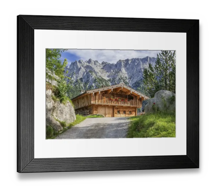 Framed Print : Groeblalm mountain hut with Karwendel mountains Framed Print : Groeblalm mountain hut with Karwendel mountains