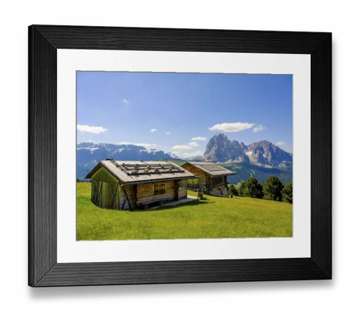 Framed Print : Alpine huts, Sella Group and Sassolungo in the background