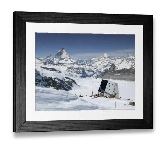 Framed Print : view of the Monte Rosa mountain hut and Gorner Glacier with the Matterhorn behind in the Valais region above Zermatt