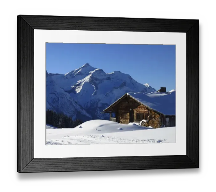 Framed Print : Snow covered Oldenhorn and facade of a old farmhouse Framed Print : Snow covered Oldenhorn and facade of a old farmhouse