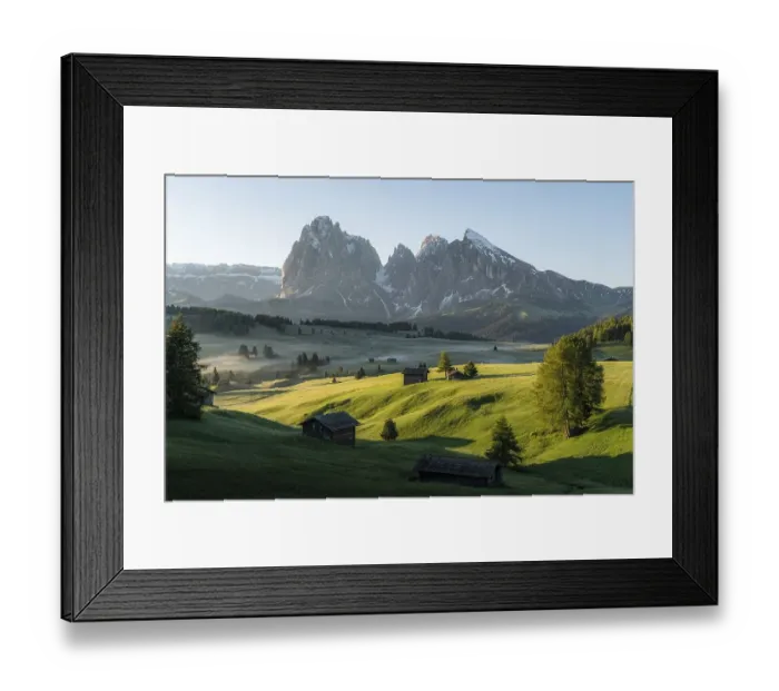Framed Print : Hay barn and huts on misty meadows