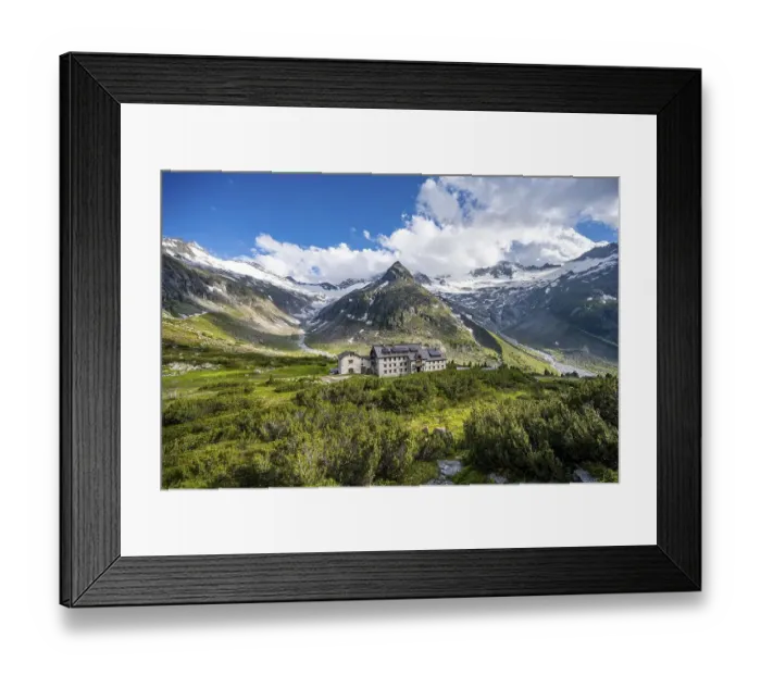 Framed Print : Mountain hut Berliner Huette, mountain peak Steinmandl Framed Print : Mountain hut Berliner Huette, mountain peak Steinmandl